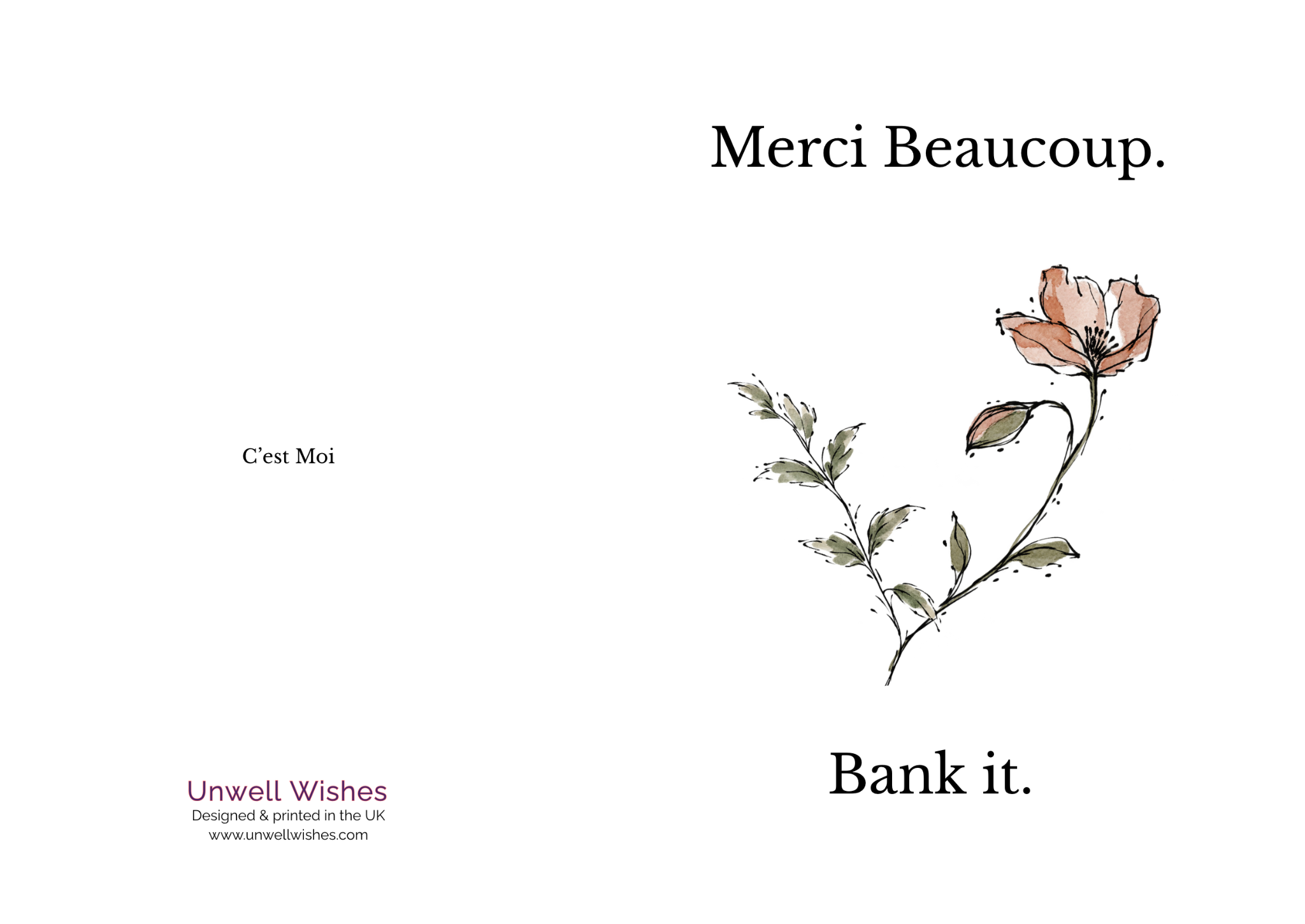 Merci Beaucoup. Bank it. A delicate pink botanical on white.