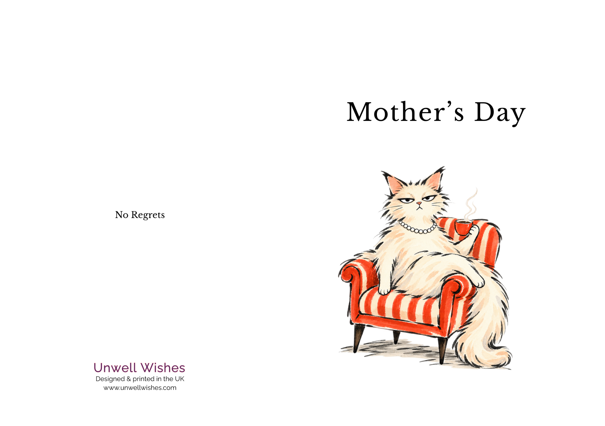 Mother’s Day. A cat wearing pearls, holding tea in a red striped armchair.